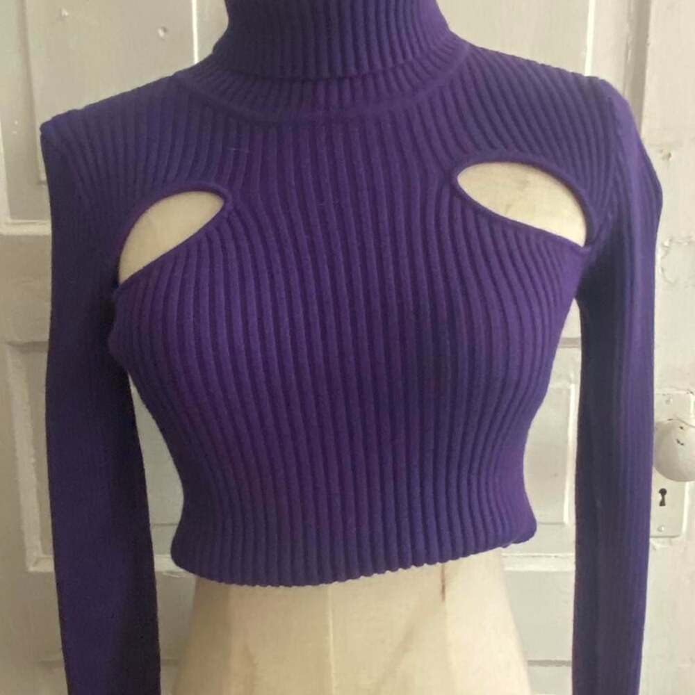 Tic Toc Dollskill Purple Ribbed Cut Out Turtleneck Crop Sweater